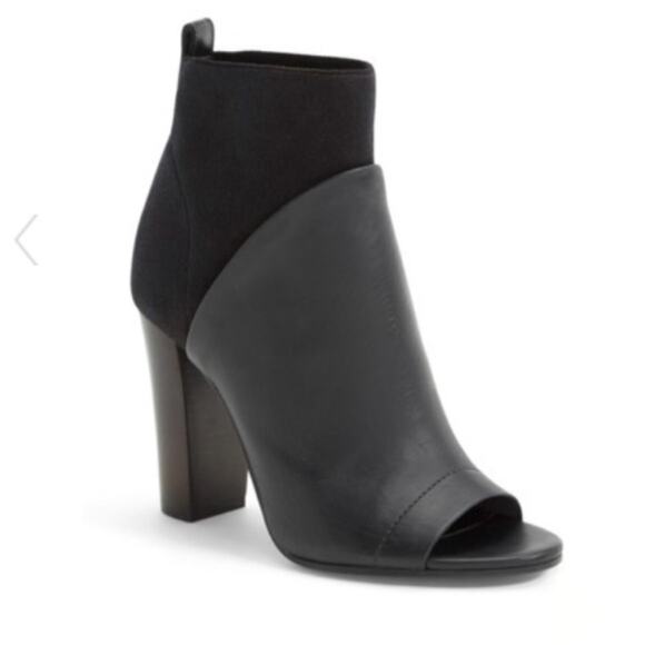 EUC Vince Aren Open Toe Black Leather & Wool Heeled Boots | Block Heel Booties 8 - Picture 2 of 7